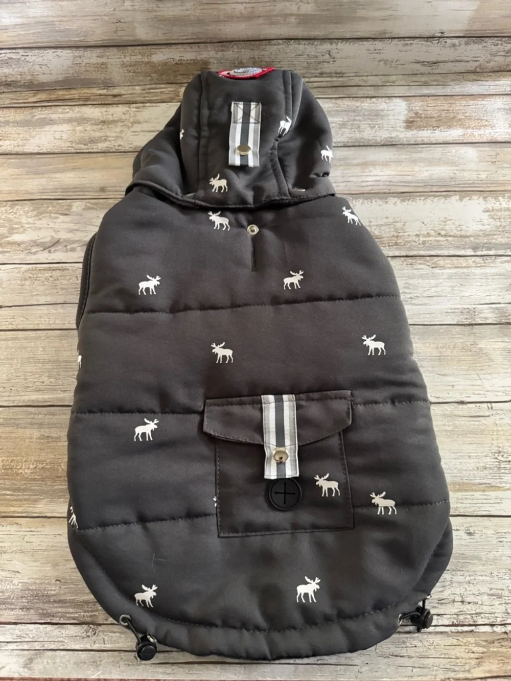 LuvGear Reversible Plaid Flannel Moose Dog Coat Cold Alert Patch Thermometer